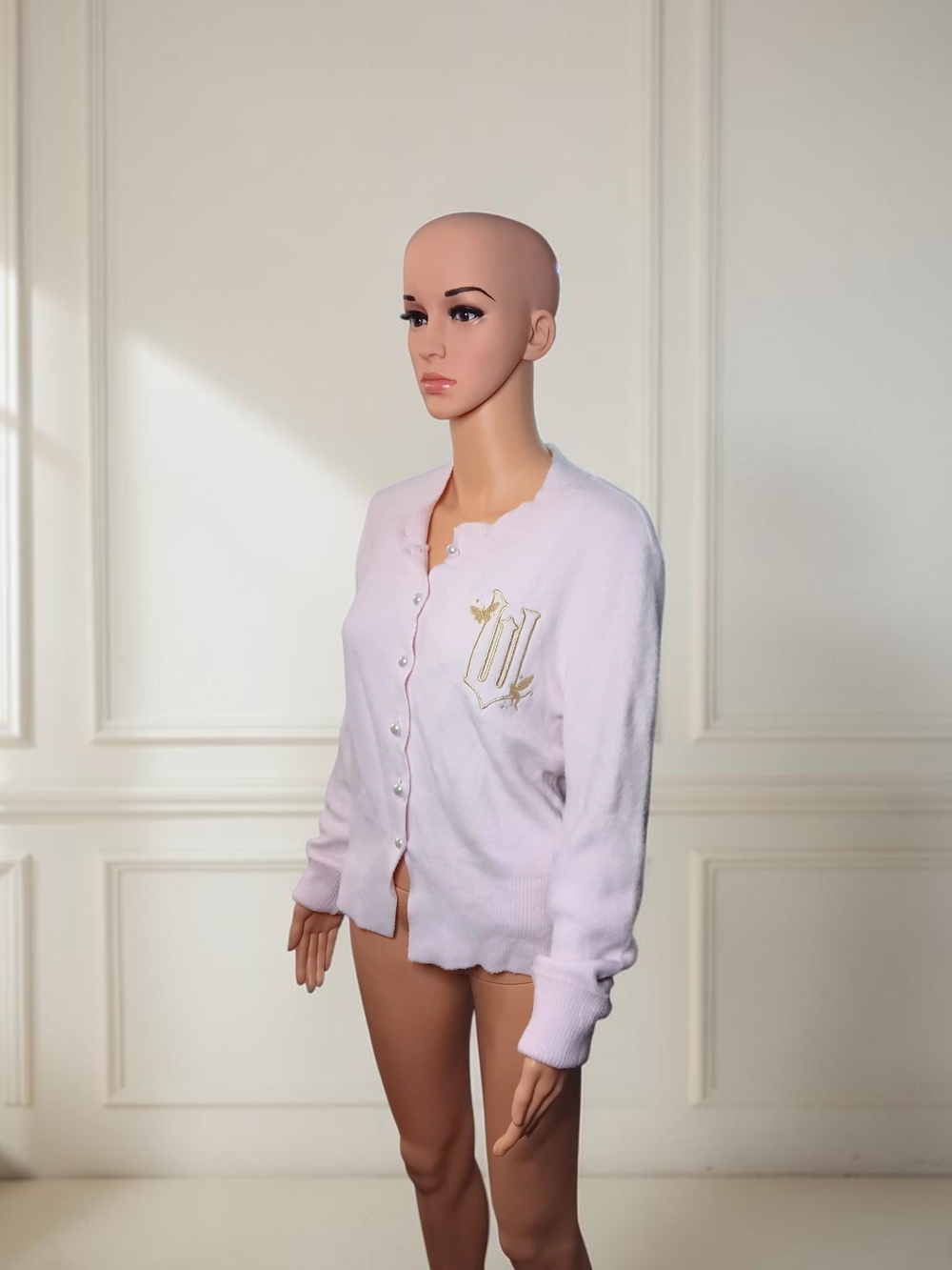 Women’s Light Pink Button Cardigan with Gold Embroidery
